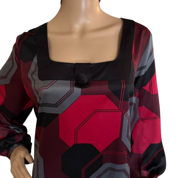 Womens Size XL Satin Dress Geometric Print Poet Sleeves Button Detail Mixit Mod - Picture 3 of 10